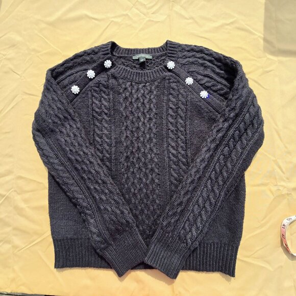 Ann Taylor Sweaters - Ann Taylor Black cableknit Sweater with Rhinestone Floral Accent, size L, EUC